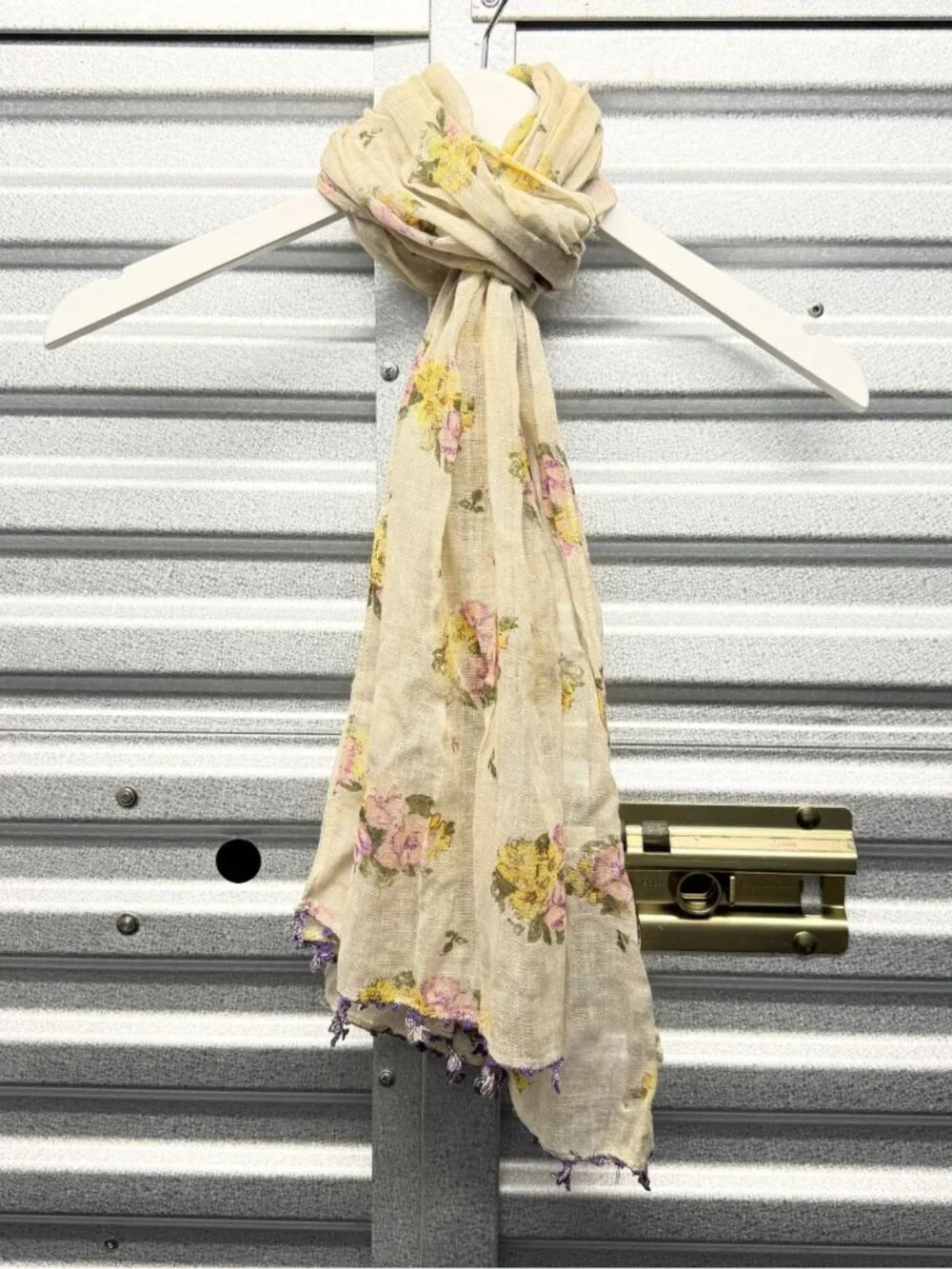 45RPM 45R Baby Line Beige Multicolor Flower Print Fringe Linen Scarf